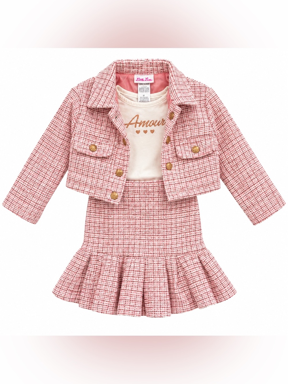 Adorable Little Lass Pink Tweed Jacket & Skirt Set with Cream 'Amour' Tee